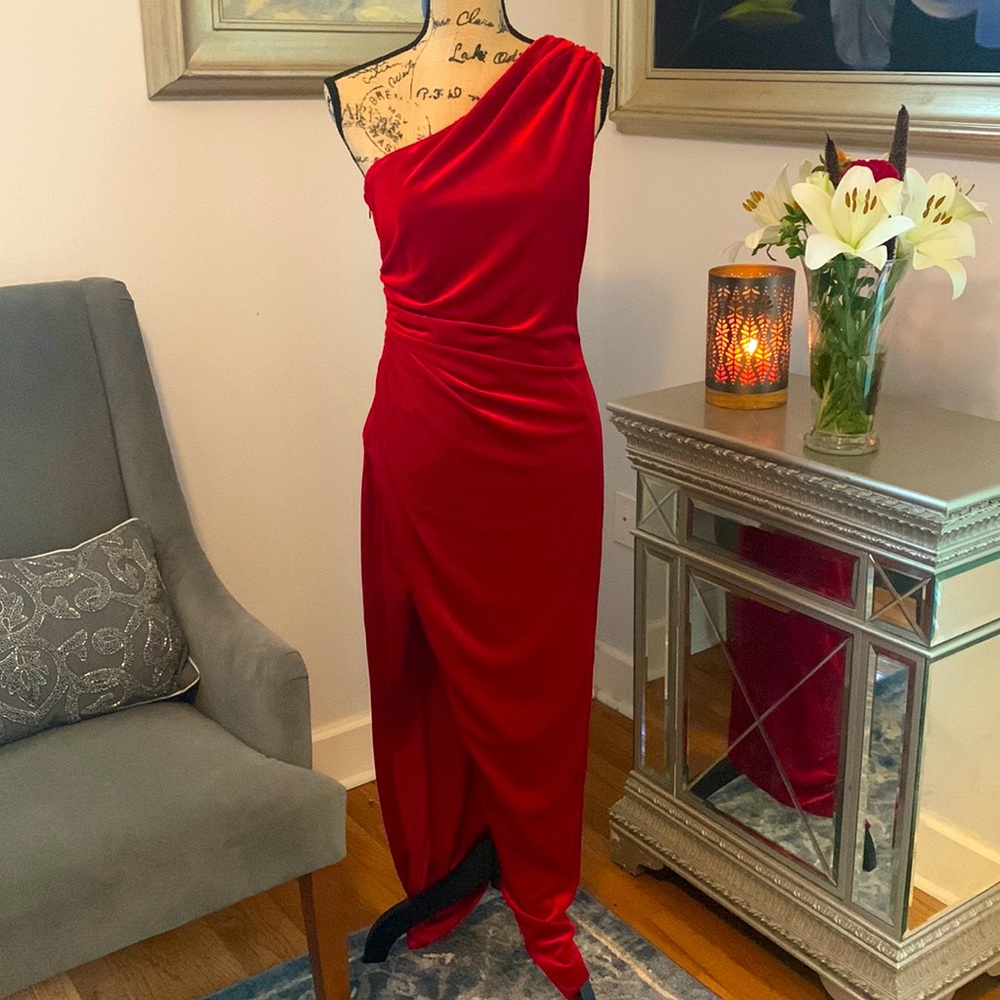 Alexia Admor Saks Fifth Ave Red Velvet one shoulder dress gown Formal M 8 $265